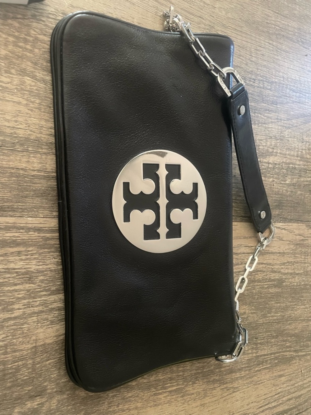 Tory Burch Black Leather Wristlet with Silver Logo Medallion